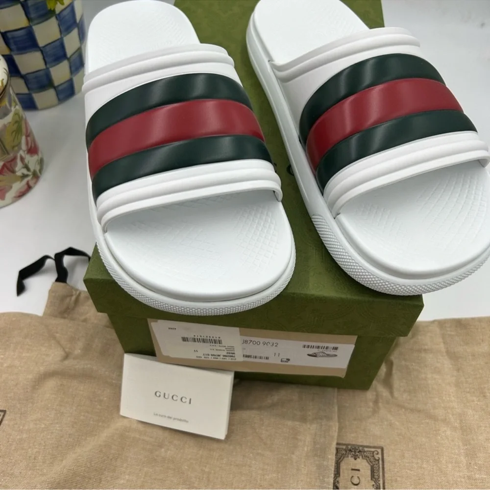 Men’s Gucci, web striped rubber pool slide size 11 made in Italy. Newest style! - Picture 2 of 12